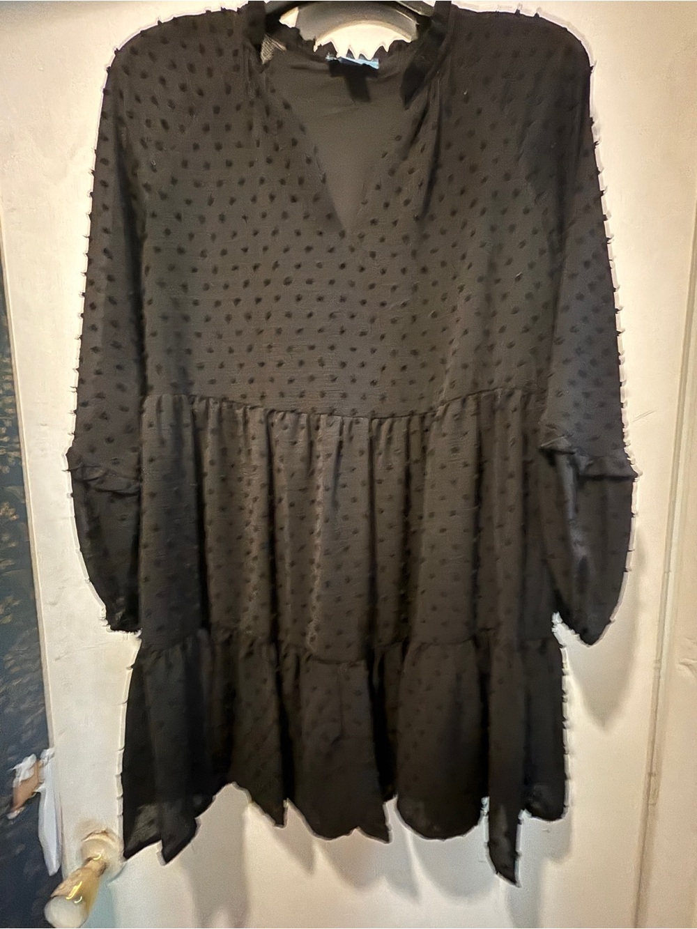 CeCe Black Swiss Dot Tiered Tunic with V-Neck